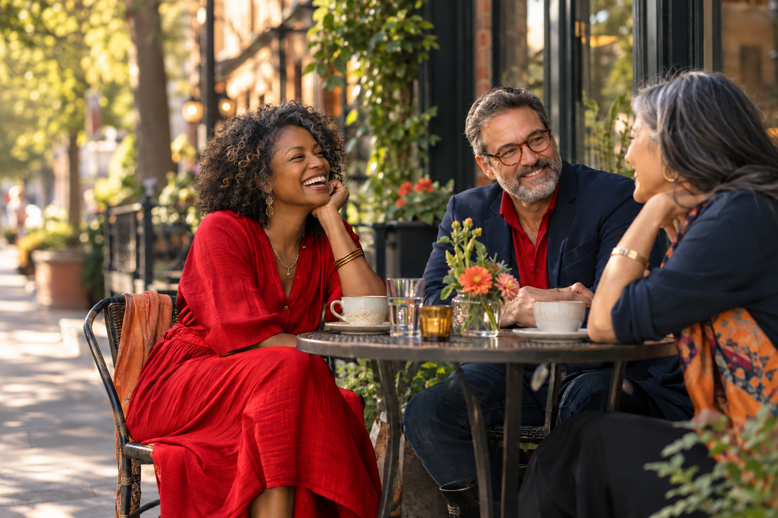 Three friends enjoying conversation at an outdoor cafe